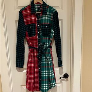 Lands' End Red, Blue and Green Plaid Belted Flannel Dress